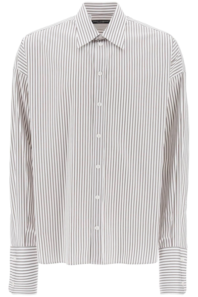 Shop Dolce & Gabbana "oversized Striped Poplin Shirt In White,brown