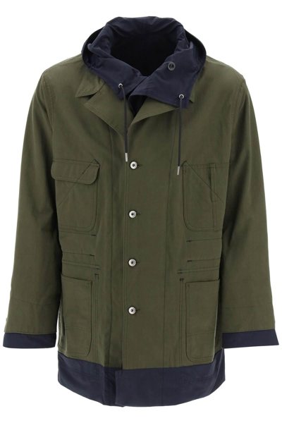 Shop Sacai Reversible Cotton Blend Overcoat With In Blue,khaki