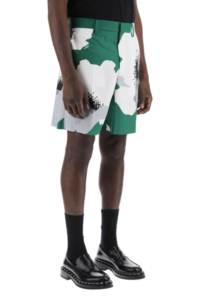 Shop Valentino "flower Portrait Print Poplin Bermuda Shorts In Green,white