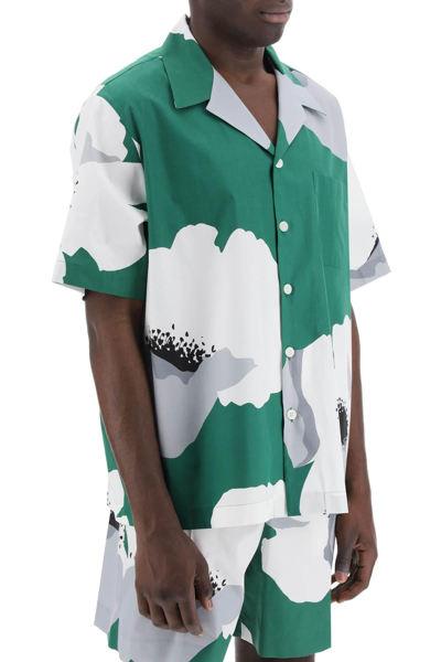 Shop Valentino "flower Portrait Print Poplin Bowling Shirt" In Green,white
