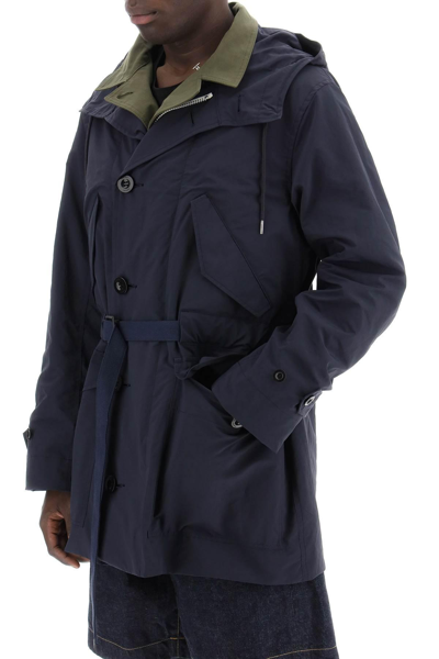 Shop Sacai Reversible Cotton Blend Overcoat With In Blue,khaki