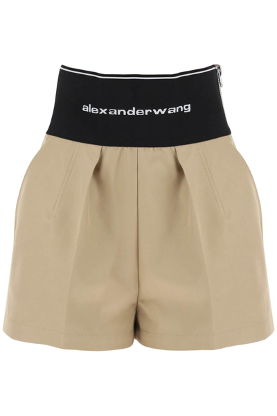Shop Alexander Wang Cotton And Nylon Shorts With Branded Waistband In Beige