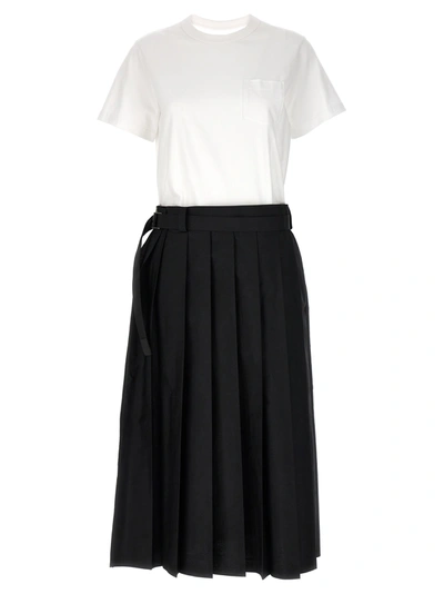 Shop Sacai Pleated Skirt Dress Dresses White/black