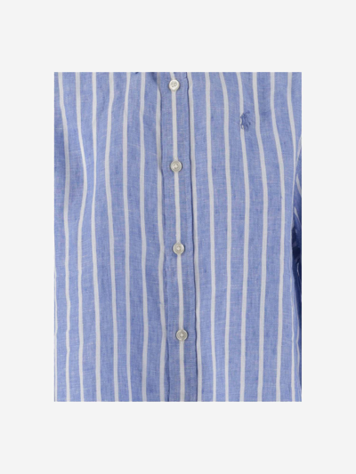 Shop Polo Ralph Lauren Striped Linen Shirt With Logo In Blue