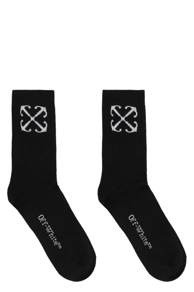 Shop Off-white Logo Cotton Blend Socks In Black