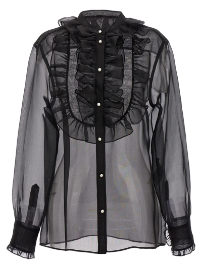 Dolce & Gabbana Sheer Fabric Ruffle Plastron Shirt In Black