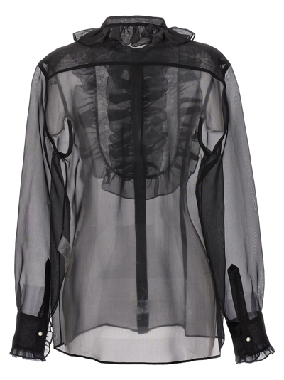 Dolce & Gabbana Sheer Fabric Ruffle Plastron Shirt In Black
