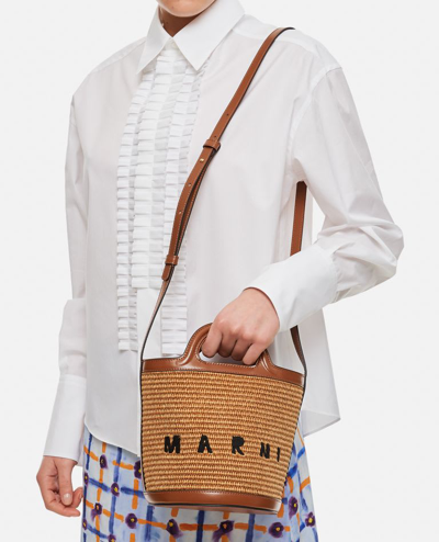 Shop Marni Mini Tropicalia Raffia Bucket Bag In Beige