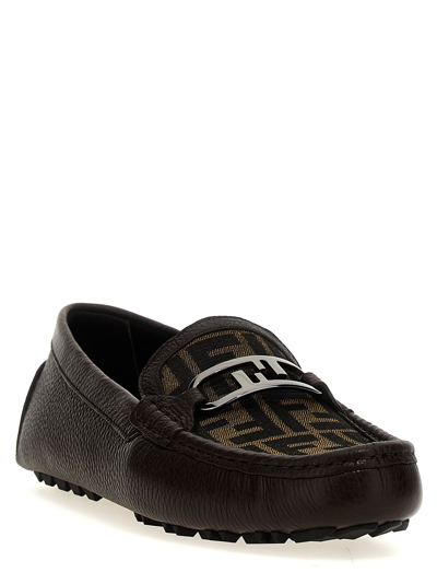 Shop Fendi Driver Olock Loafers In Brown