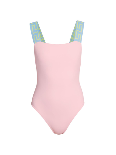 Shop Versace Women's Greca Border One-piece Swimsuit In Pastel Pink Pastel Blue Mint