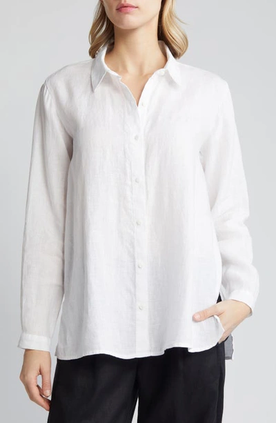 Shop Eileen Fisher Classic Long Sleeve Organic Linen Button-up Shirt In White