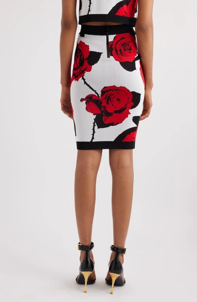 Shop Balmain Red Roses Jacquard Sweater Skirt In Gqv White/ Black/ Red