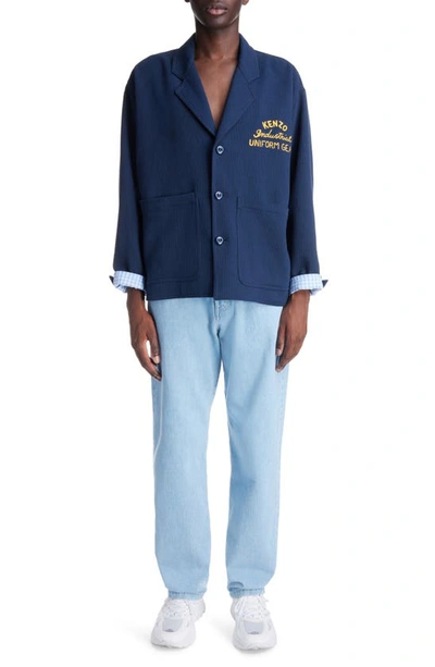 Shop Kenzo Drawn Varsity Logo Embroidered Cotton Corduroy Workwear Jacket In Midnight Blue