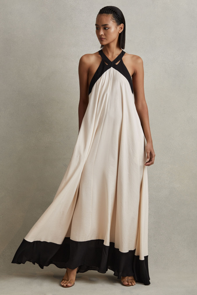 Reiss Neutral/black Relaxed Colourblock Maxi Dress In Neutral/black