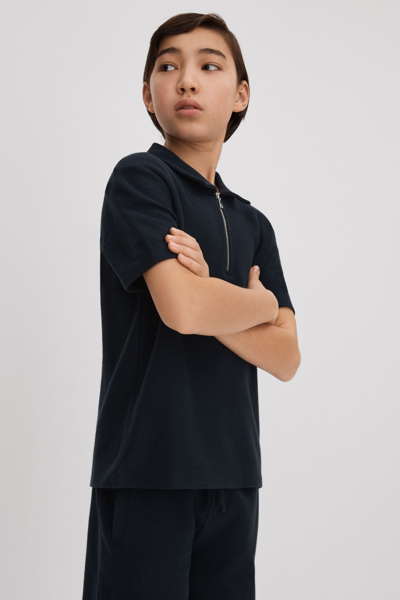 Shop Reiss Felix - Navy Junior Textured Cotton Half-zip Polo Shirt, Age 6-7 Years