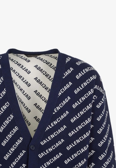 Shop Balenciaga All-over Logo Jacquard Cardigan In Blue