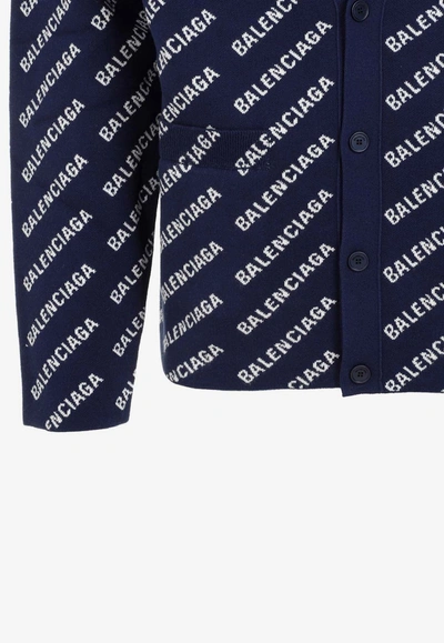 Shop Balenciaga All-over Logo Jacquard Cardigan In Blue