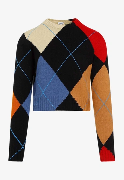 Shop Loewe Argyle Cashmere Cropped Sweater In Black