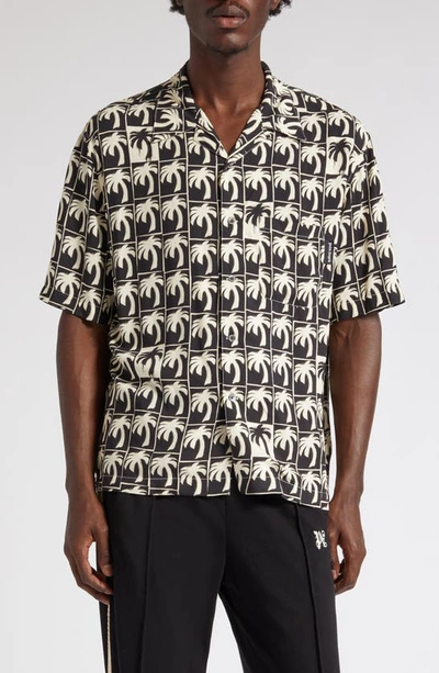 Palm Angels Men's Dripping Palms Camp Shirt In Black Offwhite