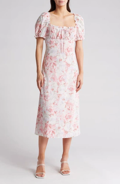 Shop Wayf Geogette Floral Ruched Midi Dress In Blush Abstract Floral