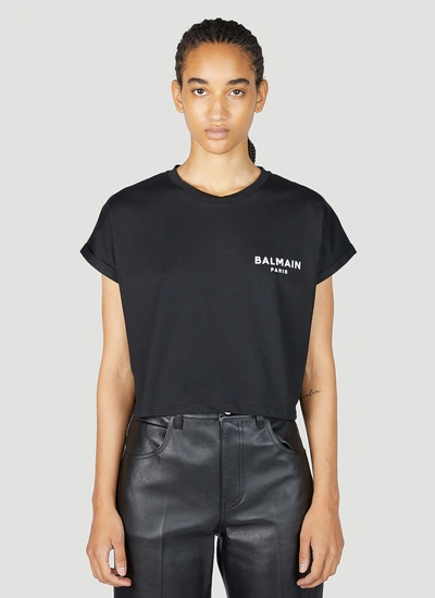 Shop Balmain Women Cropped Logo Print T-shirt In Black