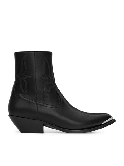 Shop Celine Men  Leon Boot With Zip And Metal Toe In Polished Calfskin In Black