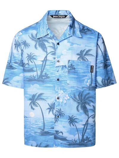 Shop Palm Angels 'bowling' Blue Linen Blend Shirt