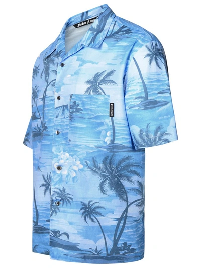 Shop Palm Angels 'bowling' Blue Linen Blend Shirt