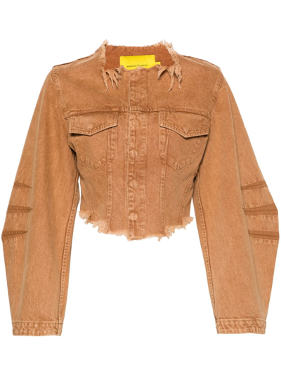 Shop Marques' Almeida Brown Frayed Cropped Denim Jacket