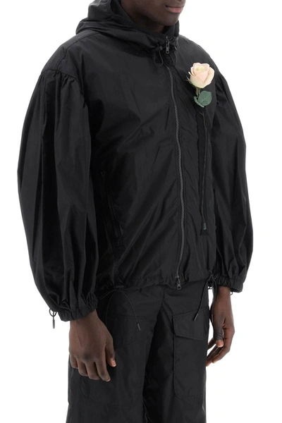 Shop Simone Rocha Nylon Windbreaker Jacket With Rose Design. In Black