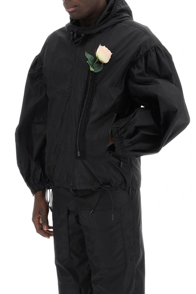 Shop Simone Rocha Nylon Windbreaker Jacket With Rose Design. In Black