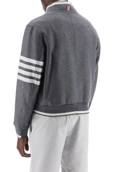 Shop Thom Browne "4-bar Varsity Jacket In Wool Mel In Grey