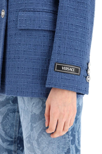 Shop Versace Double-breasted Tweed Boucl In Blue