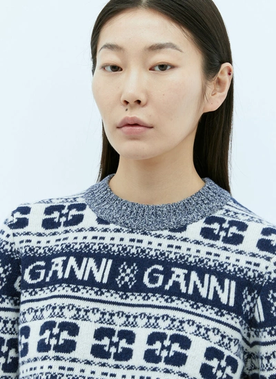 Shop Ganni Women Logo Jacquard Wool Sweater In Blue