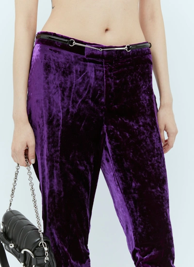 Shop Gucci Women Horsebit Belt Velvet Pants In Purple