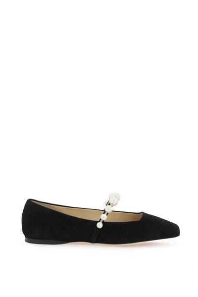 Shop Jimmy Choo Suede Leather Ballerina Flats With Pearl Women In Black