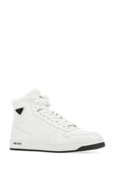 Shop Prada Man White Leather Sneakers