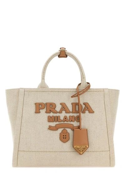 Shop Prada Woman Sand Canvas Shopping Bag In Brown