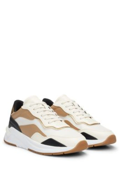 Shop Hugo Boss Mixed-material Trainers With Color-blocking In Light Beige