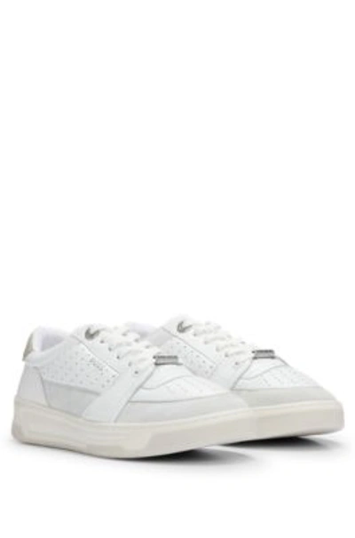 Shop Hugo Boss Leather Trainers With Suede Trims And Perforations In White