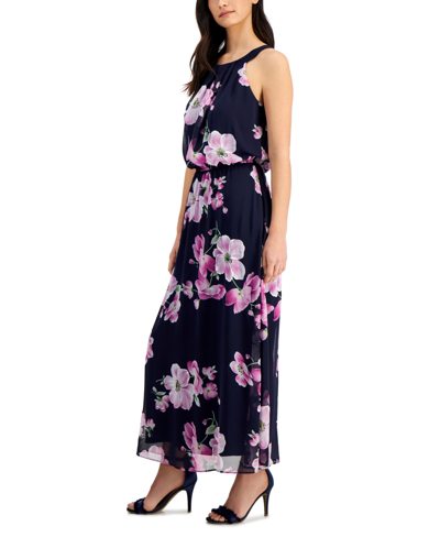 Shop Robbie Bee Women's Sleeveless Chiffon A-line Maxi Dress In Navy Orchid