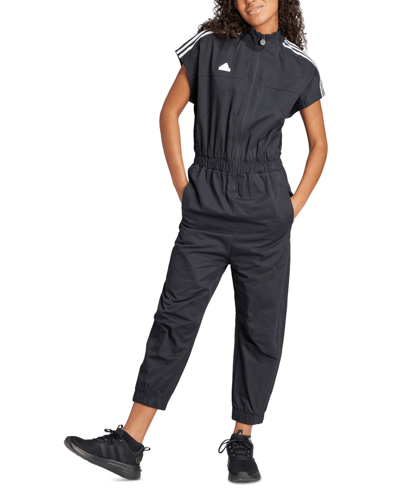 Shop Adidas Originals Women's Cotton Relaxed Tiro 3-stripe Jumpsuit In Black