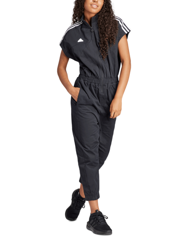 Shop Adidas Originals Women's Cotton Relaxed Tiro 3-stripe Jumpsuit In Black