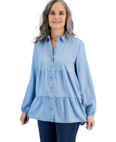STYLE & CO WOMEN'S TIERED BUTTON-FRONT CHAMBRAY SHIRT, CREATED FOR MACY'S 