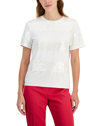 Shop Anne Klein Women's Short-sleeve Sequin-striped T-shirt In Bright White