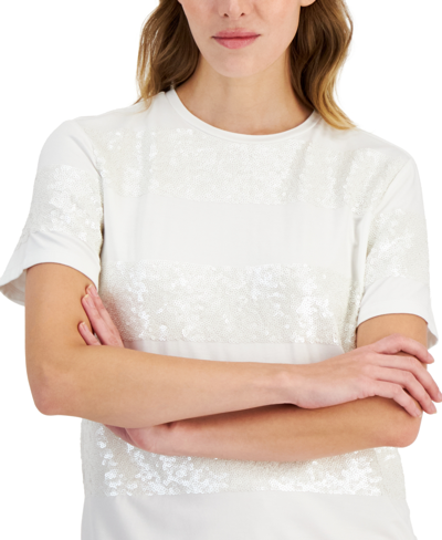 Shop Anne Klein Women's Short-sleeve Sequin-striped T-shirt In Bright White