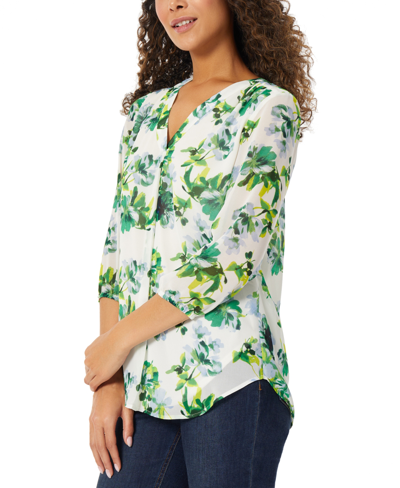 Shop Jones New York Women's Floral-print 3/4-sleeve Tunic Top In Nyc White,kelly Multi