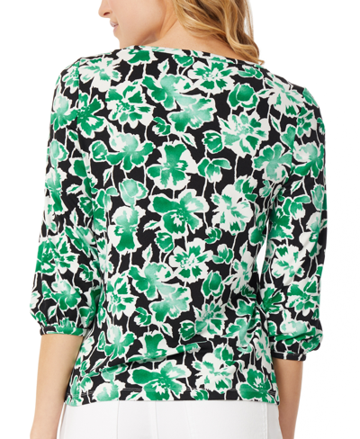 Shop Jones New York Women's Floral-print 3/4-sleeve Top In Jones Black,kelly Green