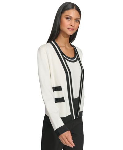Karl Lagerfeld Womens Open Front Colorblock Tweed Blazer Sweater Knit Short Sleeve Top Colorblock Tweed Mini Skirt In Sft Wt,blk