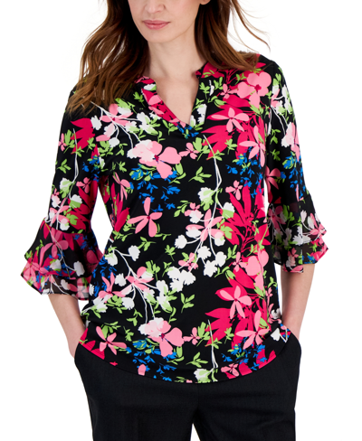 Shop Kasper Women's Printed Split-neck Flutter-sleeve Tunic In Black,pink Perfection Mlt